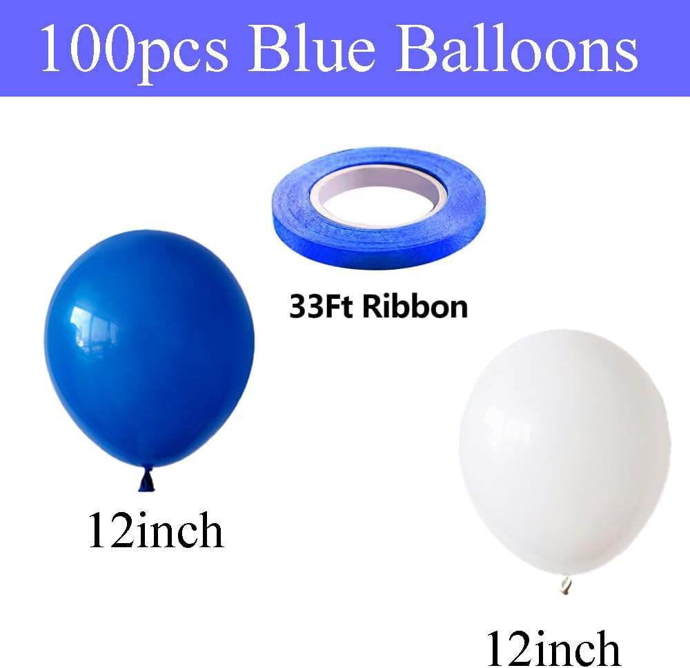 100pcs Royal Blue and White 12 Inch Latex Balloons with Ribbon