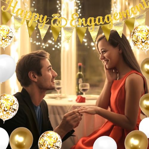 Gold Glitter Happy Engagement Banner 12 Pcs Decorations