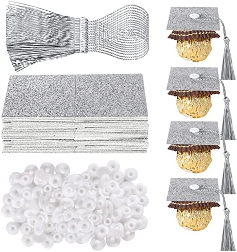 2025 Graduation Cap Cupcake Toppers with Tassel Adhesive Dots Silver