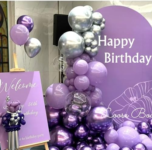 FunHot 60Pcs 12 Inch Metallic Silver and Purple Balloons Set