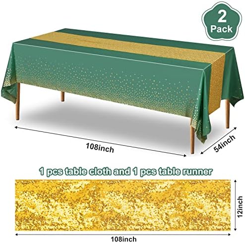 Irenare Tablecloth and Sequin Table Runner Set Green Gold 2 Pcs