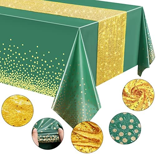 Irenare Tablecloth and Sequin Table Runner Set Green Gold 2 Pcs