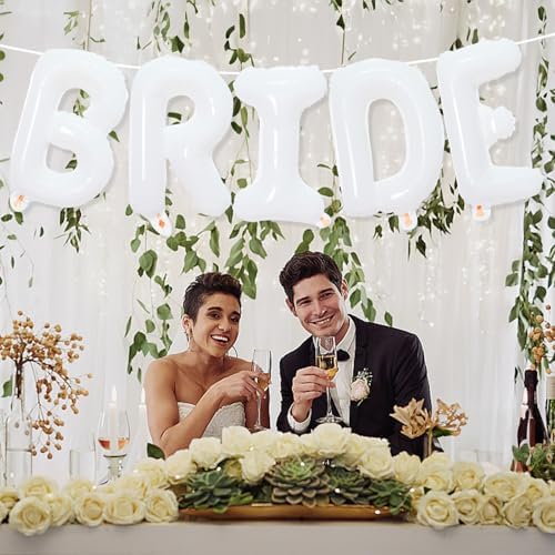 40 Inch White Bride Foil Balloons with Ribbon and Straw