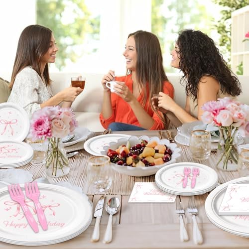Pink Bow Birthday Party Tableware Set 96Pcs