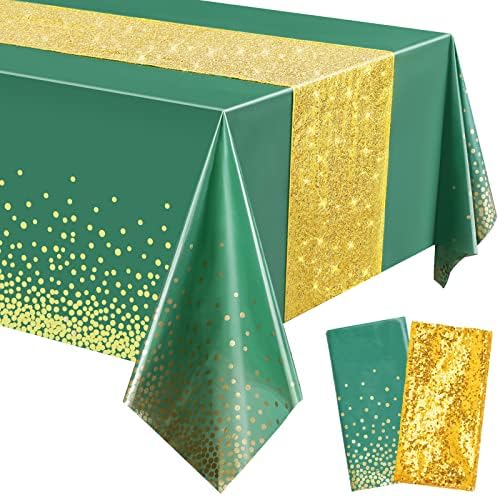 Irenare Tablecloth and Sequin Table Runner Set Green Gold 2 Pcs