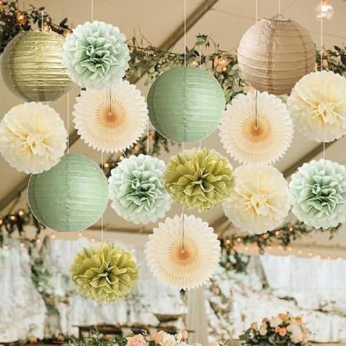 Comebachome 15PCS Paper Pom Poms Set Green Gold Tissue Decorations