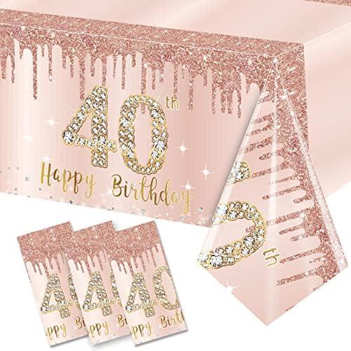 3 Pack Pink Rose Gold 40th Birthday Tablecloths - Disposable Decorations