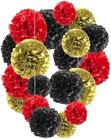 Black Red Gold 10 12 Inch Paper Pom Poms 12 PCS