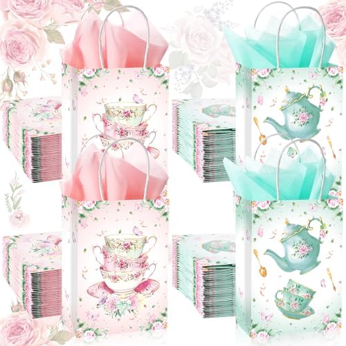 24 Pcs Tea Party Gift Bags with Handles Pink Green