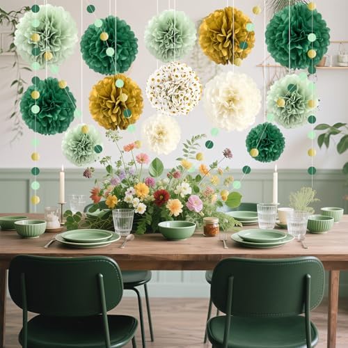 Green Wedding Party Decorations Set 16PCS Tissue Pom Poms Garland