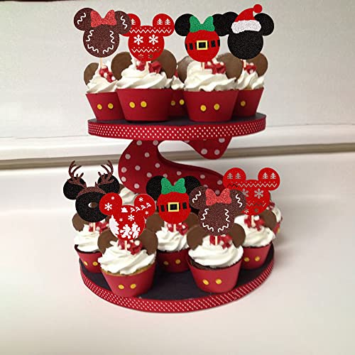 24PCS Glitter Christmas Cupcake Toppers Deer Santa Snowflake Decorations