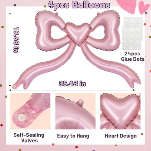 Pink Bow Balloons for Bachelorette Party Decorations 4Pcs