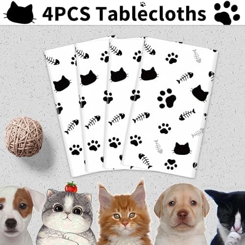 4 Pack Cat Tablecloth with Paw Print and Bone Design
