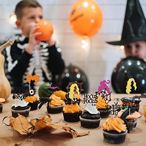 32 Piece Hocus Pocus Cupcake Toppers with Glitter and Bamboo Sticks