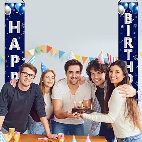 Turypaty Blue Silver Happy Birthday Door Banner Decorations