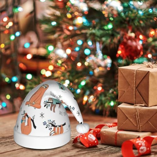 QinZheng Brown Sloth Print Santa Hat for Women