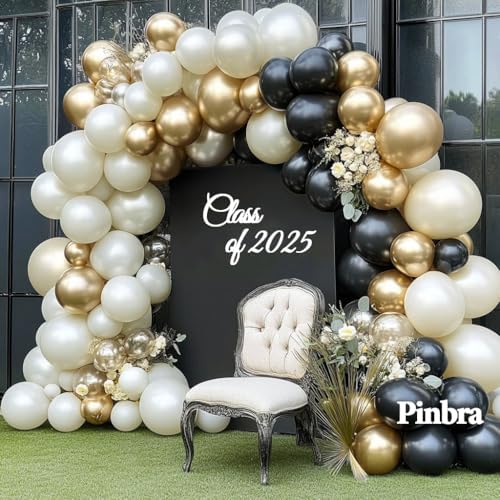 Double Stuffed Black White Gold Balloon Arch Kit