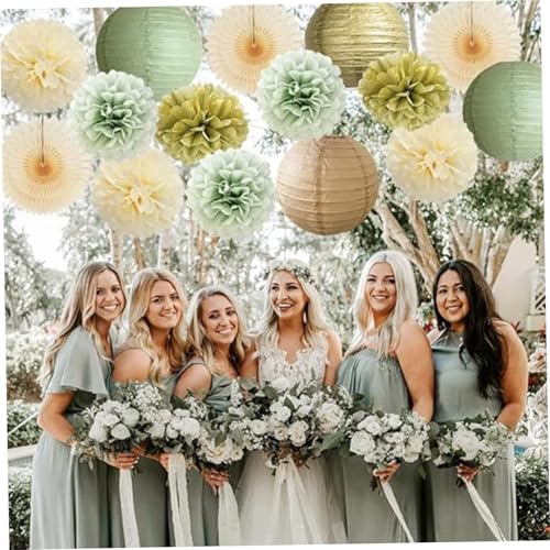 Comebachome 15PCS Paper Pom Poms Set Green Gold Tissue Decorations