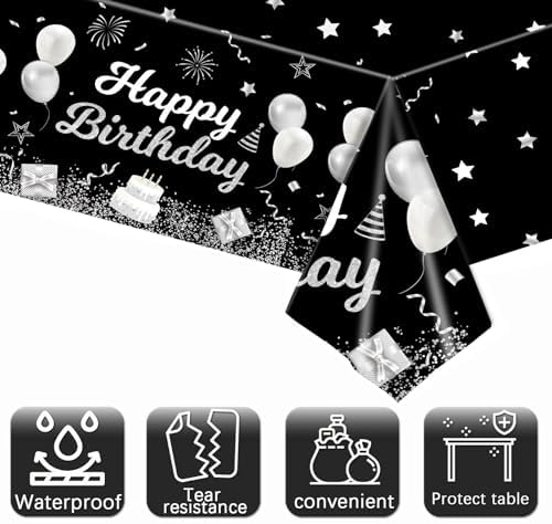 MRJ 3 Pack Silver and Black Star Birthday Tablecloths 54x108