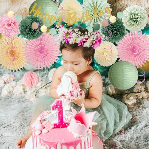 Sage Green and Pink Birthday Decorations Kit