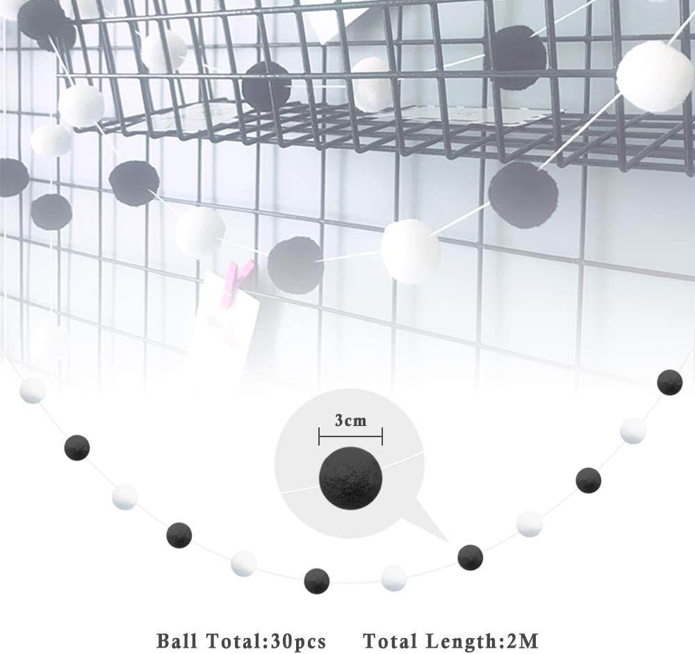 Black and White Felt Ball Garland 30mm 30 Balls 78in
