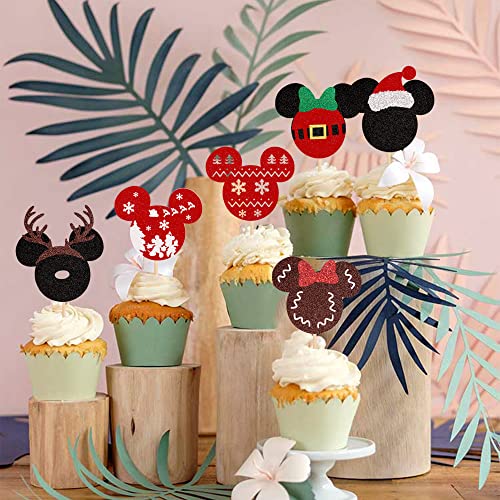 24PCS Glitter Christmas Cupcake Toppers Deer Santa Snowflake Decorations