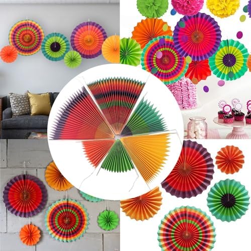 Ruidee 6 Piece Rainbow Paper Fans for Party Decorations