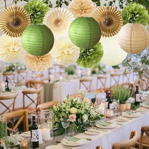 Olive Green Tissue Pom Poms and Paper Lanterns Decor Set