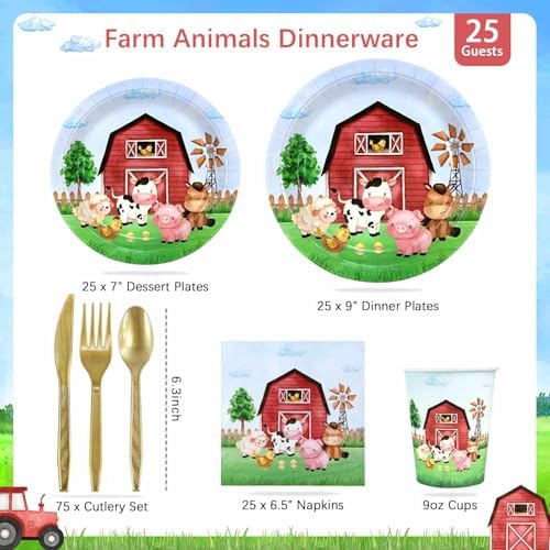 175 Pcs Farm Birthday Plates Set for 25 Guests