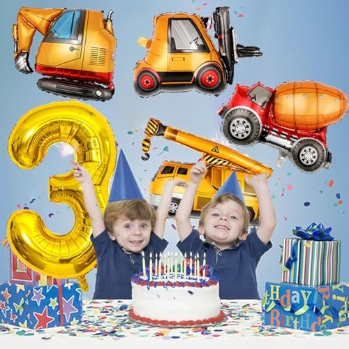 Construction Birthday Balloons 3 Year Old 40Inch Gold