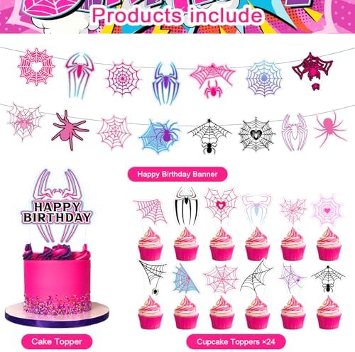 59 Pcs Pink Spider Party Decor Set