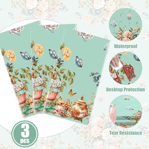 3pcs Tea Party Tablecloth 54x108 Inch Spring Floral Plastic Table Cover