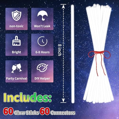 60 Pack 8 White Glow Sticks with 60 Connectors