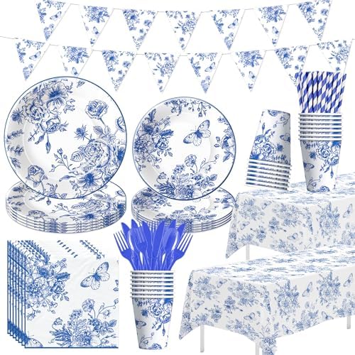 Blue and White Floral Paper Plates Set for 24