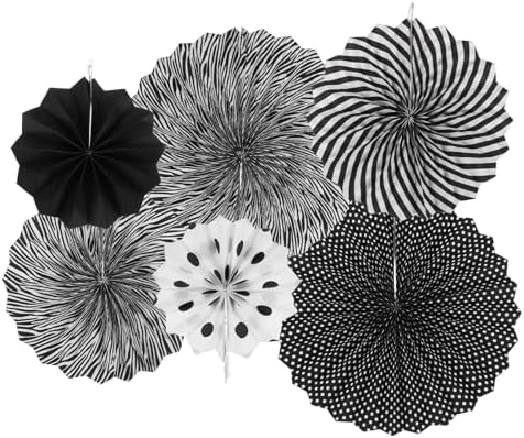 MECCANIXITY 6Pc Hanging Paper Fans Decor Set Black White