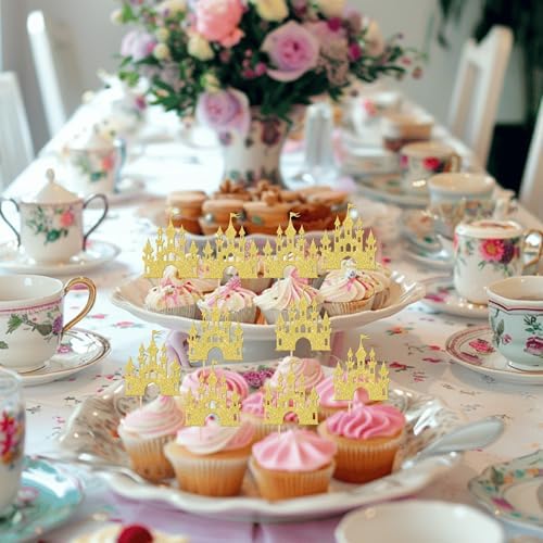 24 pcs Princess Castle Cupcake Toppers Gold