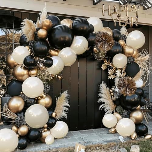 Double Stuffed Black White Gold Balloon Arch Kit