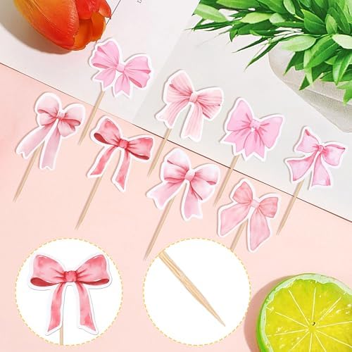 40 Pink Bow Cupcake Toppers for Party Decorations