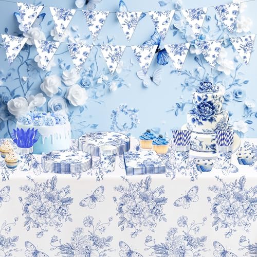 Blue and White Floral Paper Plates Set for 24