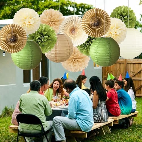 Olive Green Tissue Pom Poms and Paper Lanterns Decor Set