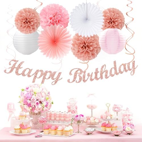 Rose Gold Pink White Birthday Decorations 31pcs