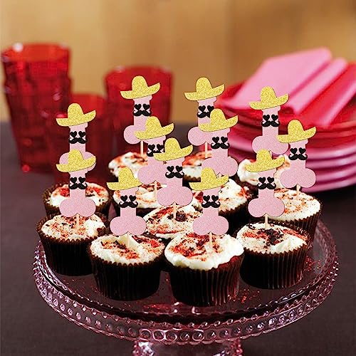 ZHUOWEISM 24pcs Pink Cupcake Toppers with Glitter Hats Beard