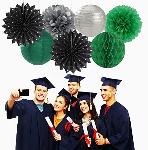 Black-Green Silver Party Decor Streamers Lanterns 14pcs Set