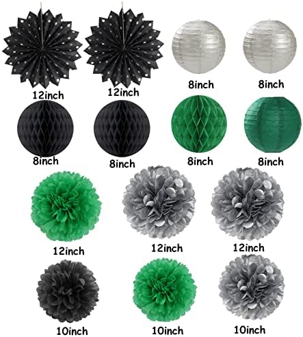 Black-Green Silver Party Decor Streamers Lanterns 14pcs Set
