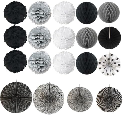 19PCS Party Decor Paper Flowers Lanterns with Streamers Pom Poms