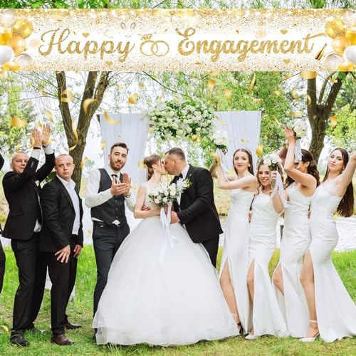 Gold Engagement Party Decorations Happy Engagement Yard Banner Backdrop