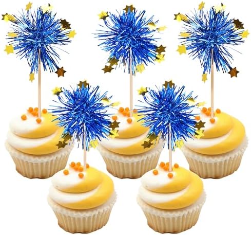 30 PCS Foil Firework Cupcake Toppers Blue Sparkle