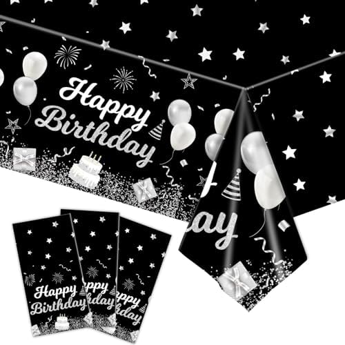 MRJ 3 Pack Silver and Black Star Birthday Tablecloths 54x108