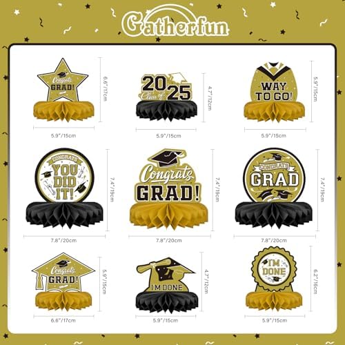 9PCS Graduation Party Decorations Honeycomb Table Centerpieces Gold and Black