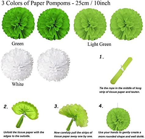 ZERODECO Birthday Party Decor Green White Banner Fans Poms Balloons